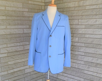 Vintage 1960s light blue with navy blue piping trim jacket, sport coat custom crafted New Old Stock