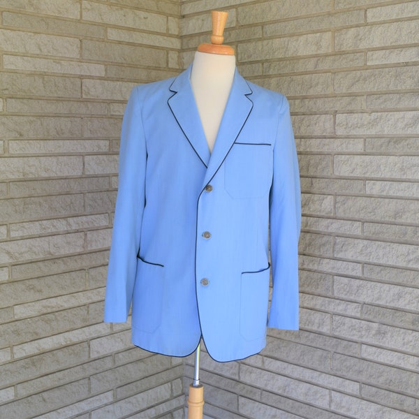 Vintage 1960s light blue with navy blue piping trim jacket, sport coat custom crafted New Old Stock