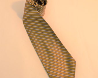 Vintage 1960s bronze, blue, and tan striped silk tie by Donegal