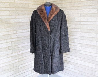 Vintage 1950s 1960s black persian lamb knee length coat with brown mink collar