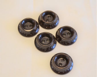 Vintage 1960s 1970s Brown plastic buttons - raised edges, concave center, set of 5, 2 hole, 3/4" diameter