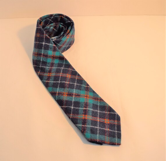 Vintage 1980s wool plaid tie in navy blue, red, t… - image 1