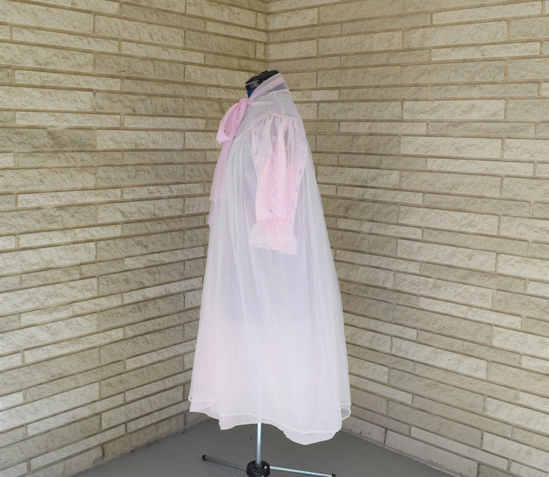 Vintage 1960s 1970s sheer nylon tie front waltz length peignoir style robe with small purple flower embroidery