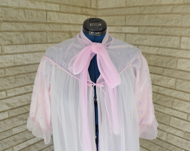 Vintage 1960s 1970s sheer nylon tie front waltz length peignoir style robe with small purple flower embroidery