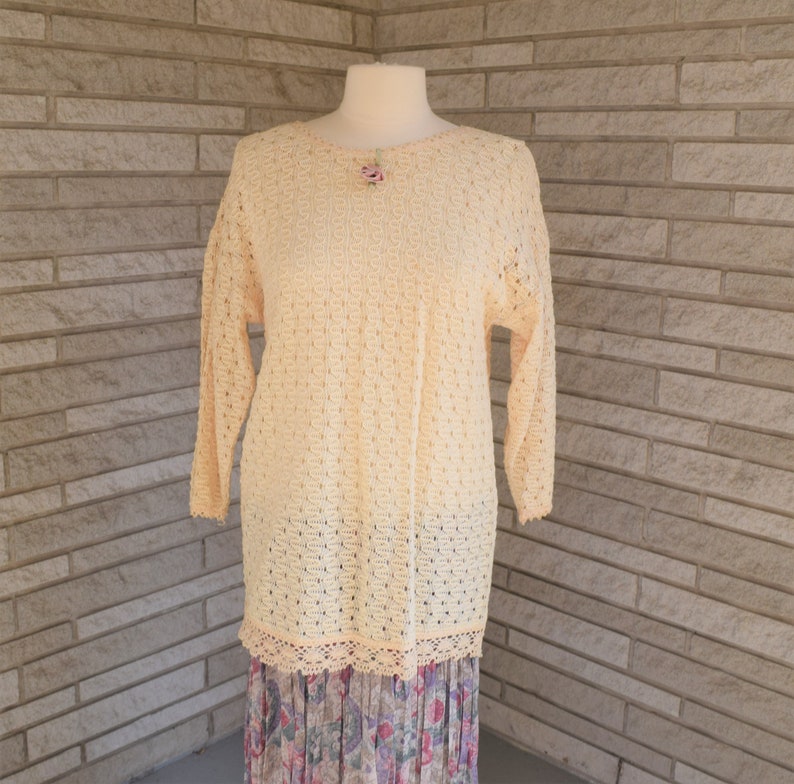 Vintage 1980s boho loose cut dress with floral print pleated skirt and crochet cotton long tunic by Positive Attitude size 5 6