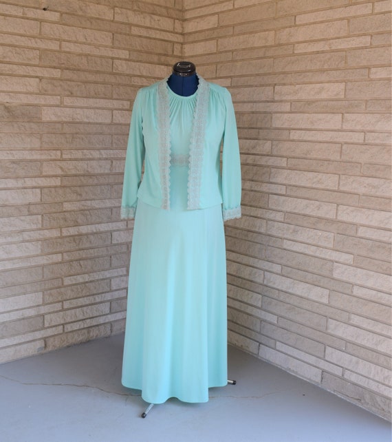 Vintage 1970s mint green knit floor length sleeve… - image 1