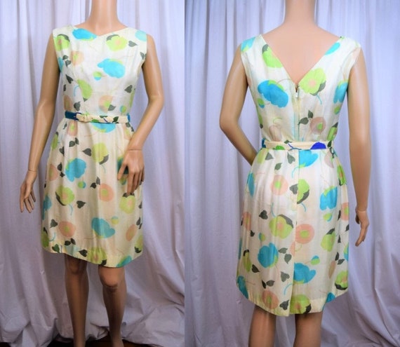 Vintage 1960s teal and tan flower silk sleeveless… - image 1