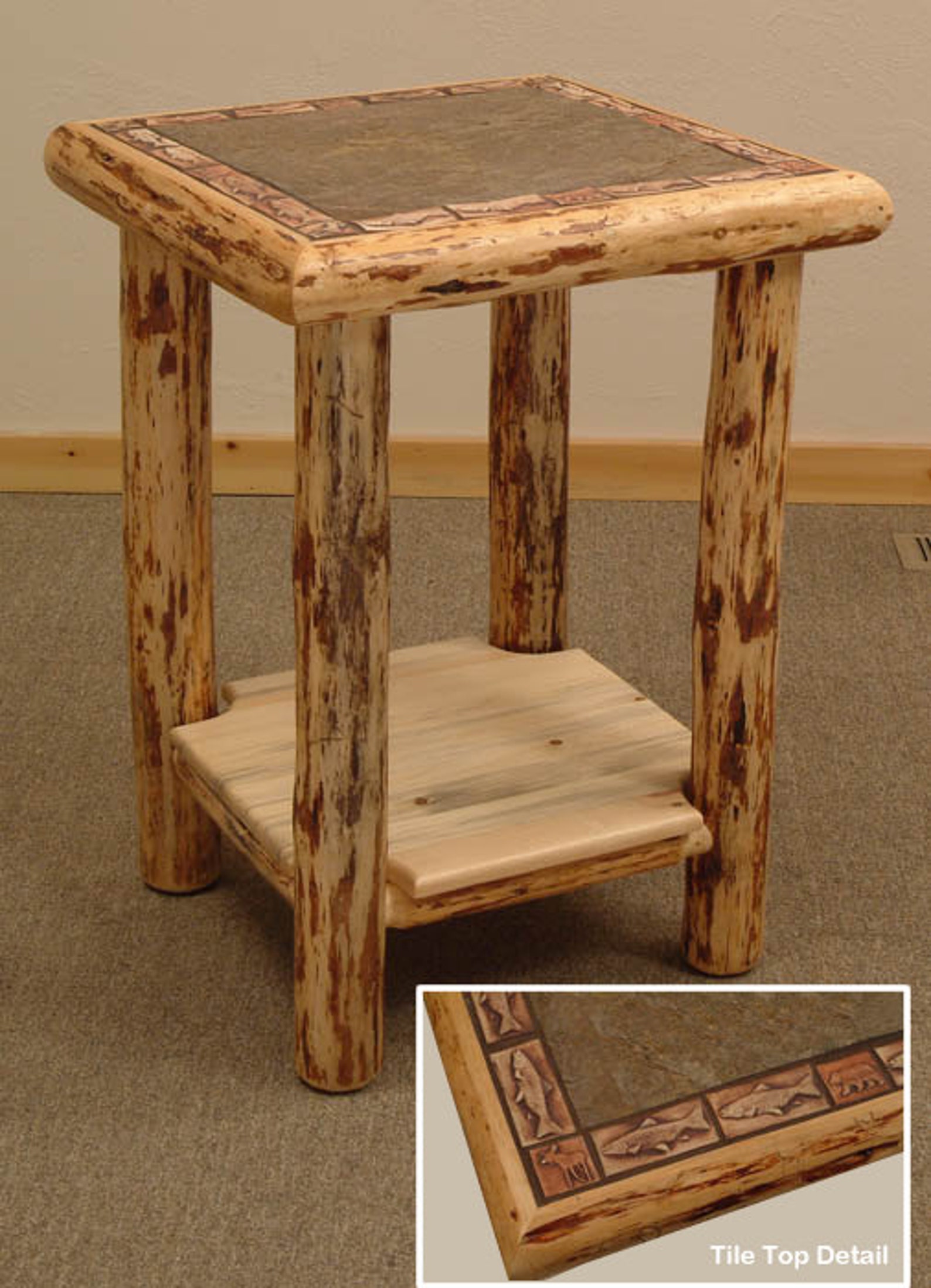 Rustic log furniture Mountain Hewn Slate Tile End Table | Etsy