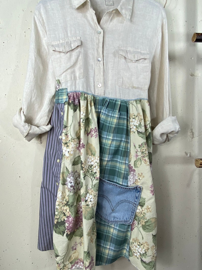 Womens up Cycle Linen Rustic Patchwork Shirtdress Etsy