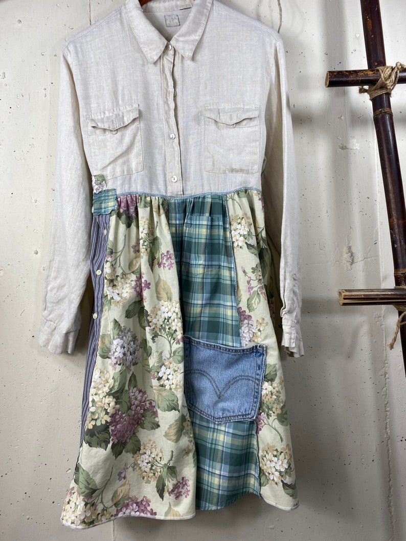 Womens up Cycle Linen Rustic Patchwork Shirtdress Etsy