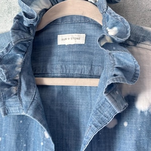 Up Cycled, Women's Ruffled Collared Shirt, Cotton, Blue and White Clouds