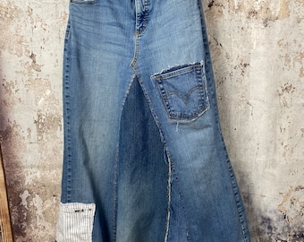 Up Cycled Denim Skirt, Repurposed Jeans, Rustic, Flattering, Distressed, Shabby Chic