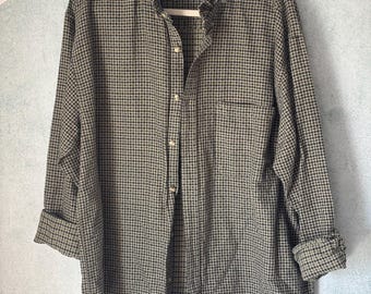 Women's Up Cycled Shirt with Ruffle Collar, Black and Beige Attractive Print, Simple Elegance