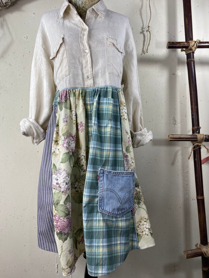 Womens up Cycle Linen Rustic Patchwork Shirtdress Etsy