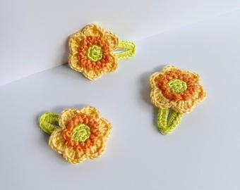 Handmade Crochet Hair Clips: Daffodil Floral Accessories for Babies Toddlers Kids Girls and Women, Cute Korean Style