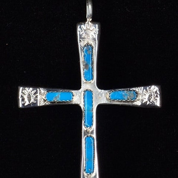 New! Zuni Indian Jewelry LARGE Sterling Silver Turquoise Cross Pendant by Cecelia Iule Native American Artist