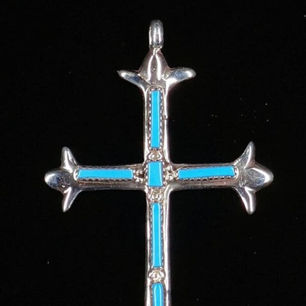 New! Large Zuni Turquoise and Sterling Silver Cross Traditional Pendant Leekity Iule Native American Artist