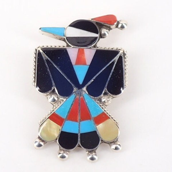 New Zuni Pin Pendant Thunderbird Native American Inlaid Jewelry Sterling Silver Turquoise Jet Coral Shell Signed