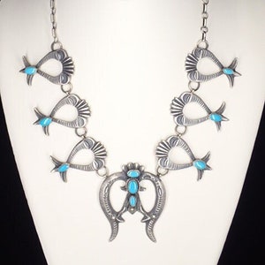 Navajo Sterling Silver Necklace Turquoise Squash Blossom Naja Matching Earrings Set Eva and Lindberg Billah