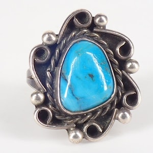 Vintage Old Navajo Ring Natural Turquoise Stone Sterling Silver - Size 5 1/2