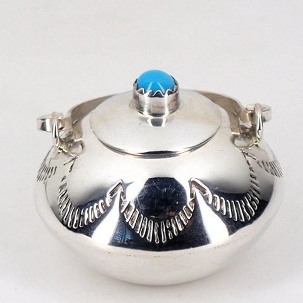 New! Navajo Jewelry (Large) Miniature Bean Pot Handcrafted Sterling Silver and Turquoise by Navajo Artist Wesley Whitman - Signed