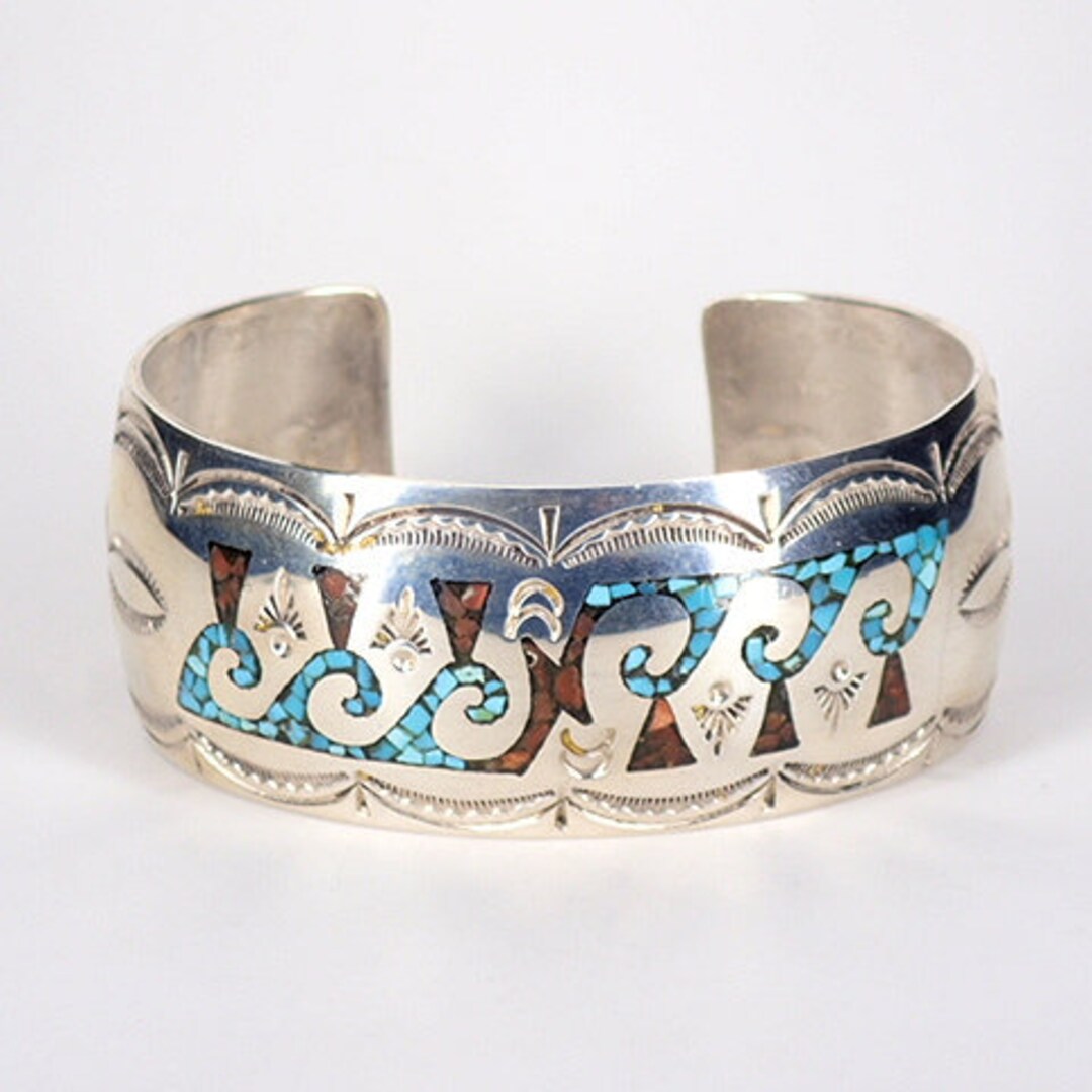 Vintage Old Navajo Cuff Bracelet Sterling Silver Turquoise Coral