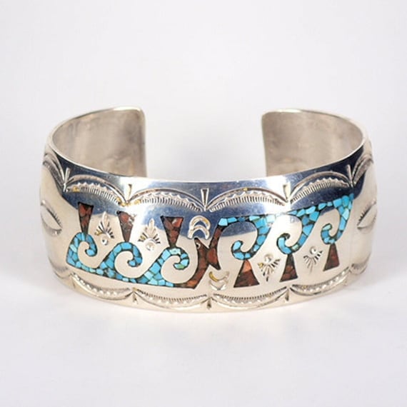 Impressive Vintage Native American Navajo Turquoise & Coral Chip Inlay Sterling Silver Bolo Old Impressive Vintage Native American Navajo Turquoise & Coral Chip Inlay Sterling Silver Bolo Old