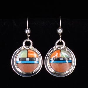 New! Zuni Sunface Dangle Drop Earrings Inlaid Jewelry Sterling Silver Pipestone Turquoise Shell Delbert Kallestewa Zuni Artist