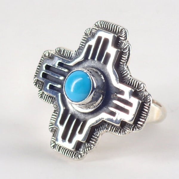 New! Navajo Jewelry Ring Zia Sun Symbol Sterling Silver Turquoise Handmade Native American - Size 6 - Andre Van Dever, Navajo Artist