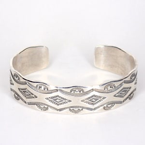 Vintage Sterling Silver Cuff Bracelet Thick Silver with Stamping Michael Thompson Navajo Dine Artist -  Signed