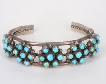Vintage Zuni Petit Point Turquoise Bracelet: Sterling Silver Flower Cuff