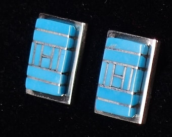 New! Zuni Jewelry Inlaid Turquoise Sterling Silver Handmade Stud Earrings by Janelle Shebola
