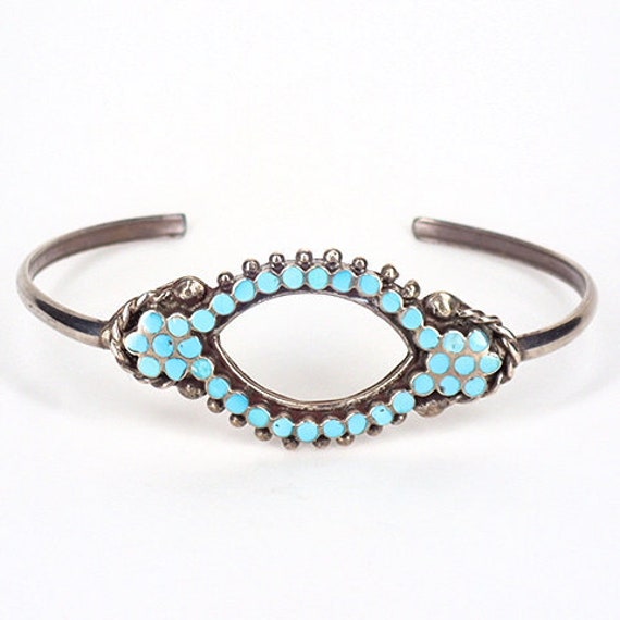 Native American 6 Inch Wrist Vintage Zuni Long Channel Turquoise Inlay Sterling Silver Bracleet Native American 6 Inch Wrist Vintage Zuni Long Channel Turquoise Inlay Sterling Silver Bracleet