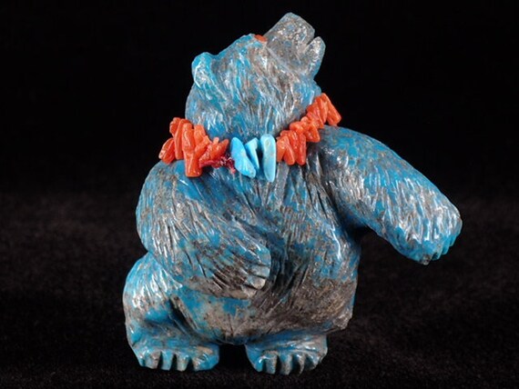 Zuni Fetish Turquoise Bear With Coral Necklace by Eddington