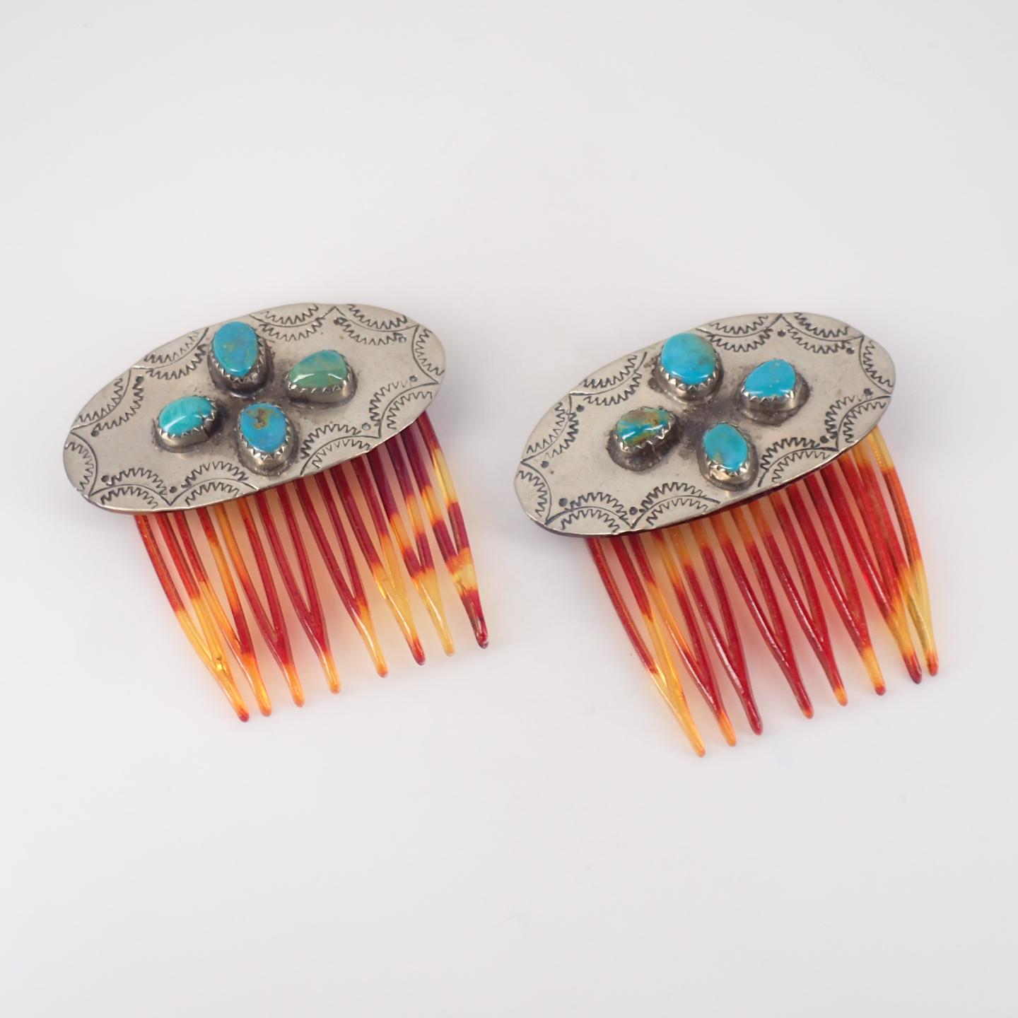 Vintage Navajo Pair Turquoise & Sterling Silver Hair Combs w/ Silver Feathers Item #874N- Navajo Turquoise Silver Stamped Buffalo, Bear  main image 3