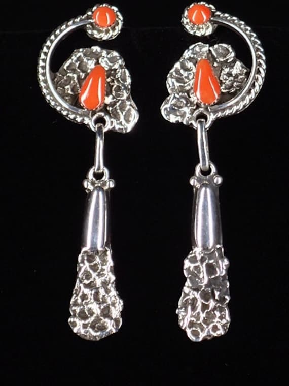 Lyn Johnson Native American Navajo Coral Inlay Sterling Silver Teardrop Earrings Lyn Johnson Native American Navajo Coral Inlay Sterling Silver Teardrop Earrings