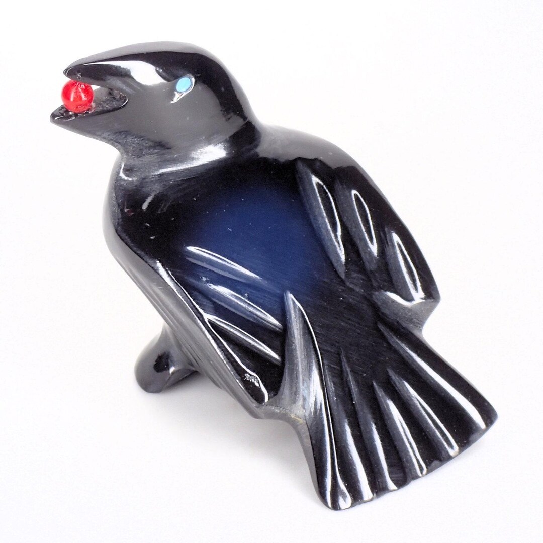 Zuni Raven Fetish: Black Marble Crow Carving Bead #2 by Calvert ...