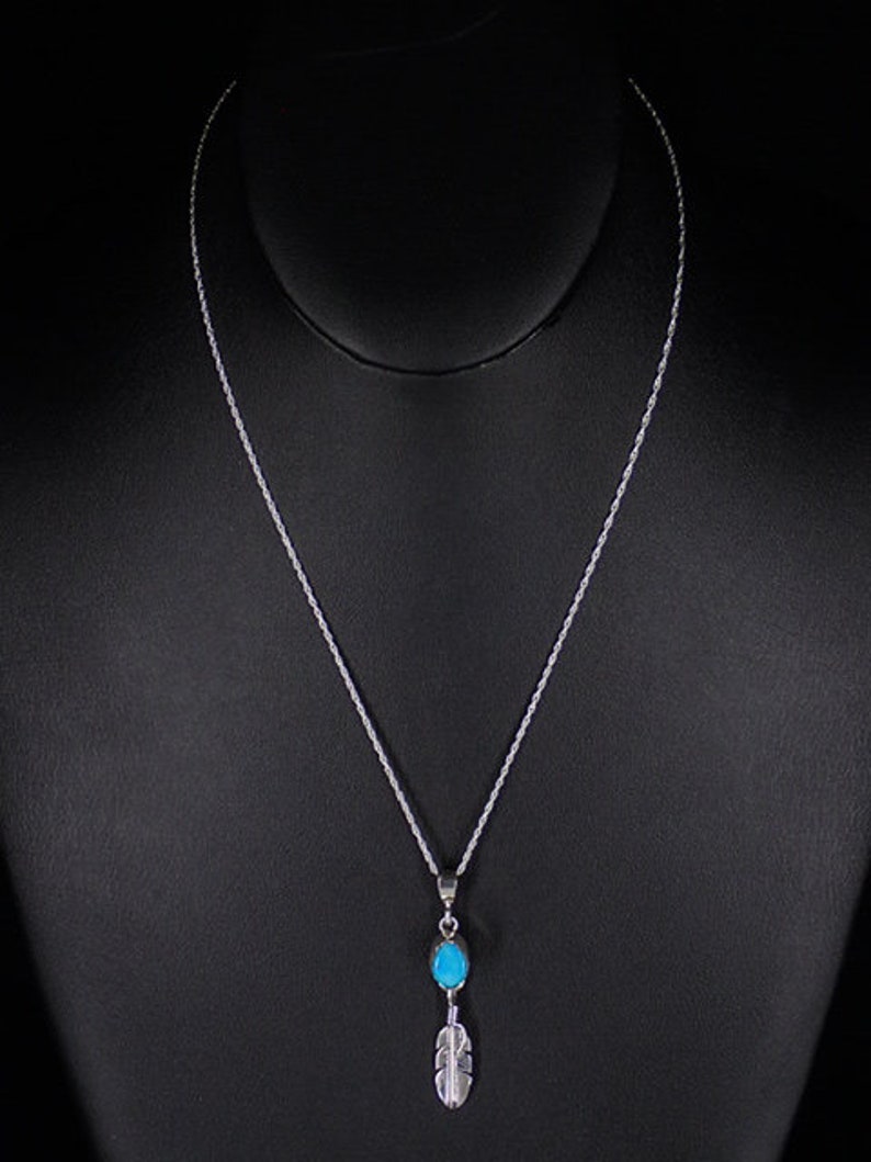 New Navajo Sonoran Turquoise Sterling Silver Pendant with Feather 18 Necklace Native American Indian Jewelry Artist Lyle Piaso