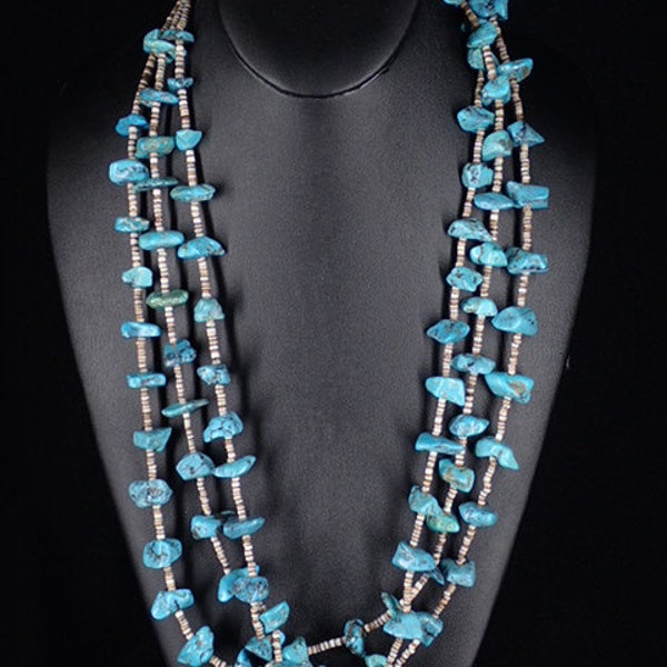 Vintage Old Native American Navajo Jewelry Turquoise Nugget Necklace Three Strands 28" with Olive Shell Heishi