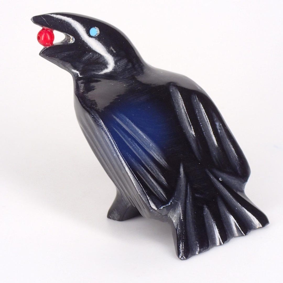 Zuni Fetishes Raven Fetish Carving Black Marble Crow With Red Bead ...