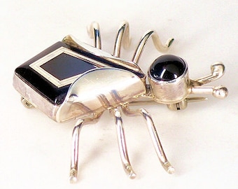 Vintage Navajo Sterling Silver Insektsnål, Onyx & Jaspis Inlägg av Ronnie Willie