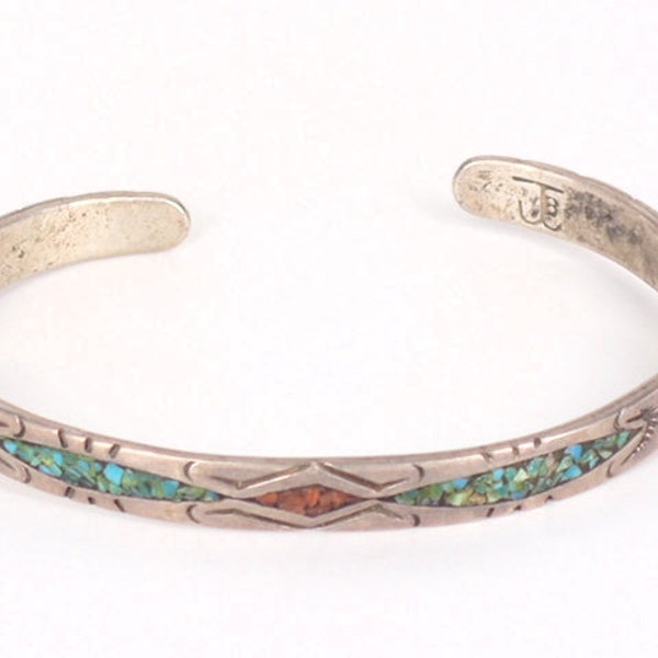 Vintage Old Navajo Cuff Bracelet Sterling Silver Turquoise Coral Chip Inlay Native American Art Signed