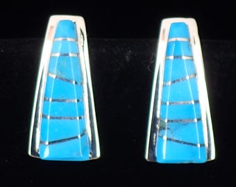 Zuni Turquoise Sterling Silver Post Earrings: Channel Inlaid by Daren Tsalate