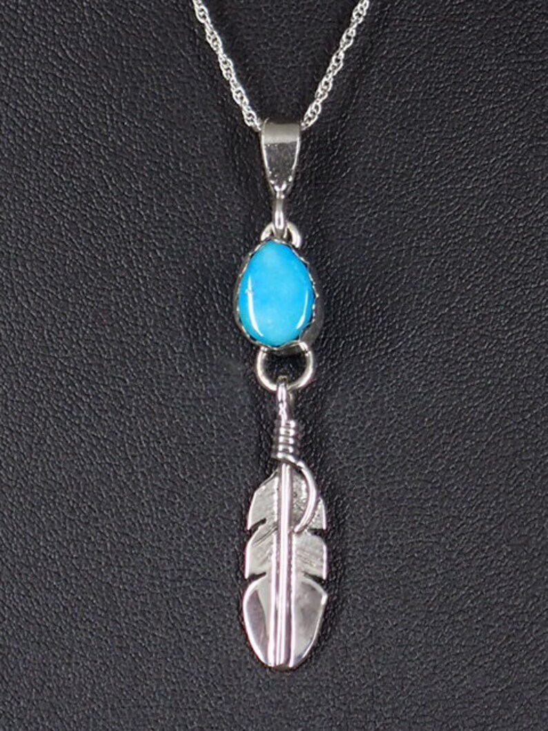 New Navajo Sonoran Turquoise Sterling Silver Pendant with Feather 18 Necklace Native American Indian Jewelry Artist Lyle Piaso