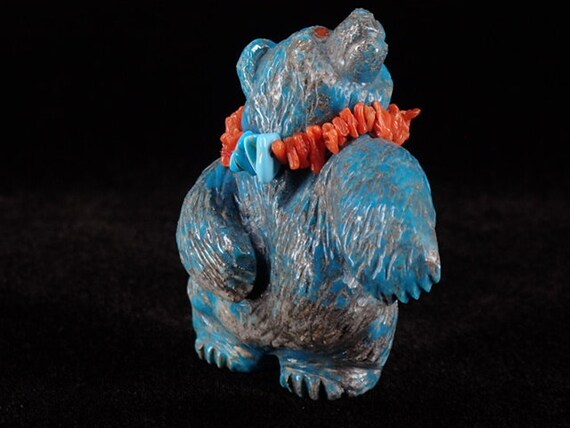 Zuni Fetish Turquoise Bear With Coral Necklace by Eddington