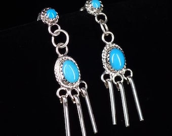 Zuni Turquoise Sterling Silver Dangle Earrings by Lorena Edaakie
