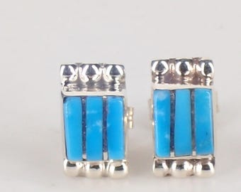 Zuni Turquoise Inlaid Sterling Silver Stud Earrings: Eldrick Seoutewa