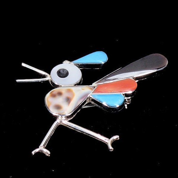 Zuni Roadrunner Pin Pendant Inlaid Turquoise Coral Shell Sterling Silver Jewelry Kelly Edaakie New Mexico State Bird - Signed