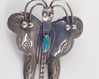 Vintage Old Navajo Sterling Silver Butterfly Pin Stamped Jewelry Turquoise Old Pawn - 1930s