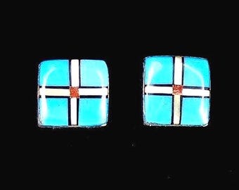 Zuni Turquoise Inlaid Sterling Silver Stud Earrings by Carey Luarkie